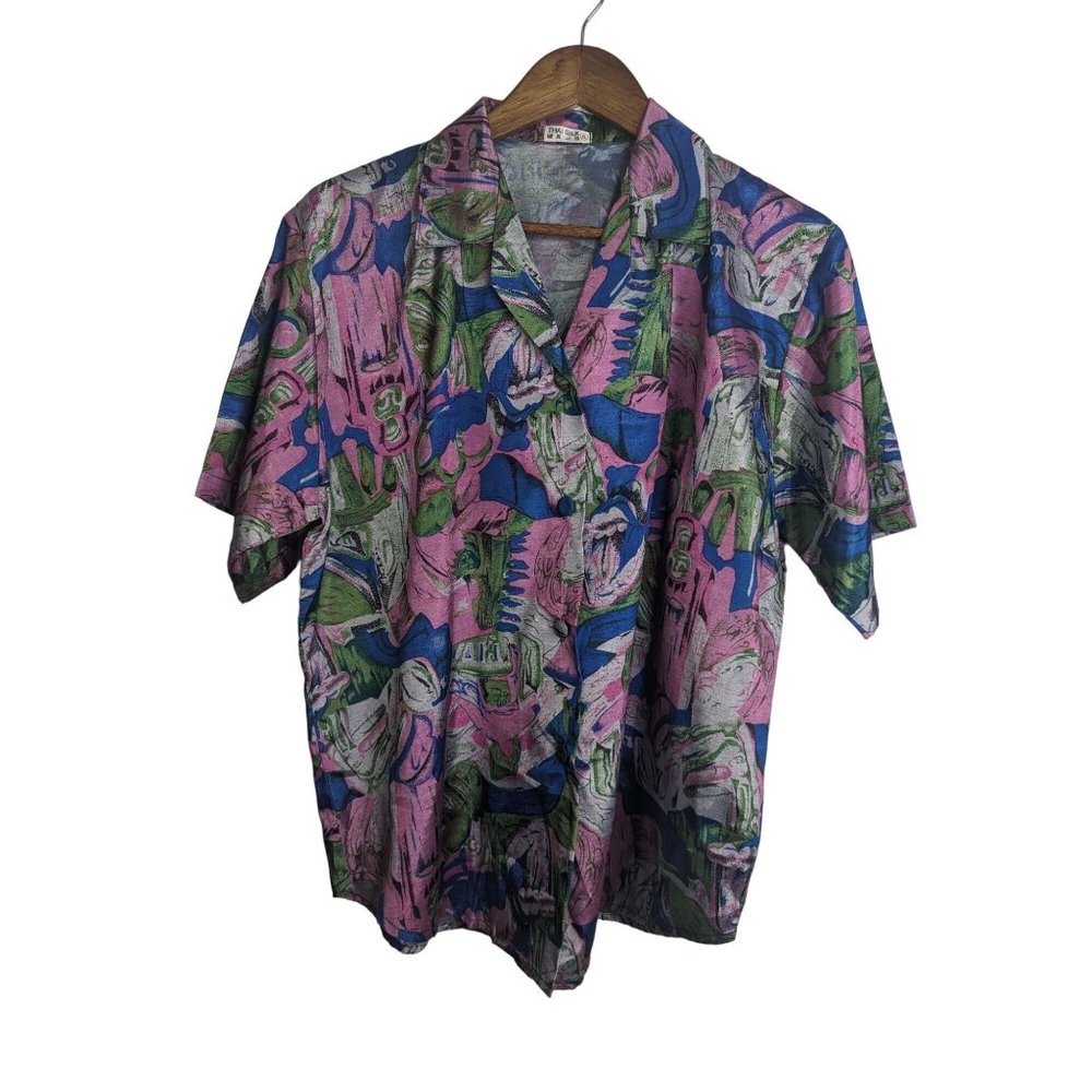 Thai Silk Women's Short Sleeve Novelty Print Casual Button Up Sz XL